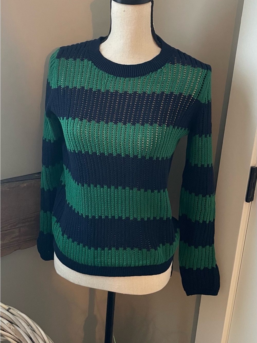 LOFT Green and Navy Striped Crewneck Sweater